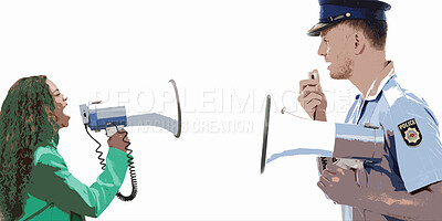 Buy stock photo Justice man, megaphone or police officer speech for service announcement, legal law or studio crime. Safety profile, security communication speaker or talking hero isolated on mockup white background