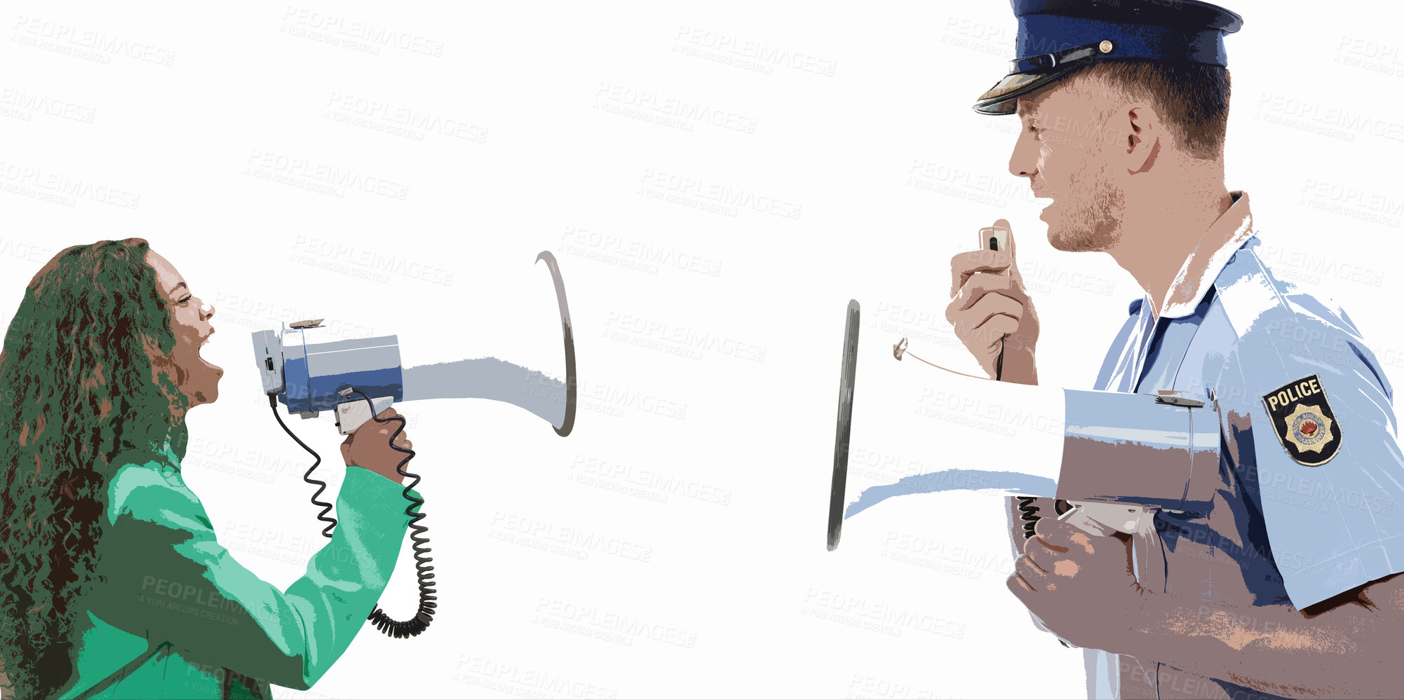 Buy stock photo Justice man, megaphone or police officer speech for service announcement, legal law or studio crime. Safety profile, security communication speaker or talking hero isolated on mockup white background