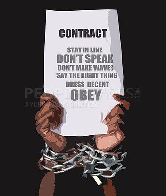 Buy stock photo Hand, poster and text with handcuff or chains for contract, message or prisoner isolated on black background. Law, criminal and paper or legal document with instruction, order or command for person