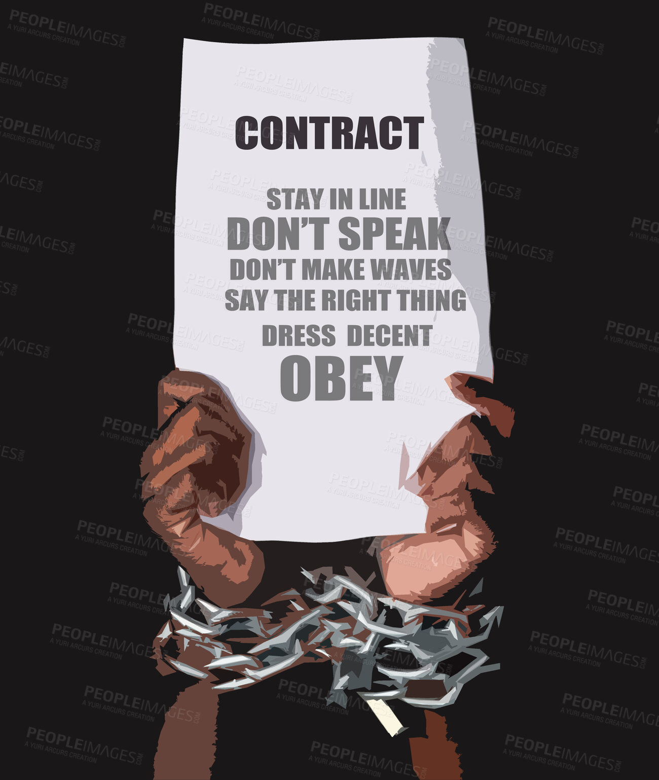 Buy stock photo Hand, poster and text with handcuff or chains for contract, message or prisoner isolated on black background. Law, criminal and paper or legal document with instruction, order or command for person