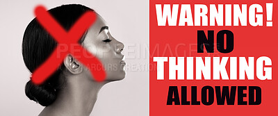 Buy stock photo Propaganda, message and a woman on a background for a warning about indoctrination. Model, thinking and a sign or information on a backdrop with a person for government or society brainwashing