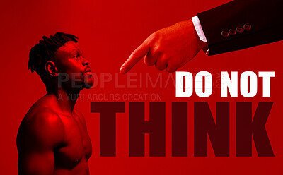 Buy stock photo Manipulation, control or oppression and a black man on a red background in studio with a pointing hand. Bullying, psychology and propaganda with a young person as a victim of trauma or brainwash