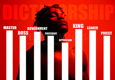 Buy stock photo Goverment, graphic and a man on a red background with words for dictatorship or leadership. Government, black person and overlay on a backdrop with a message for management or social hierarchy