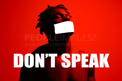 Buy stock photo Speech censored, black man and tape on mouth in studio isolated on a red background. Cover, silence and person forbidden in communication or sealed, human rights and words for confidential secret