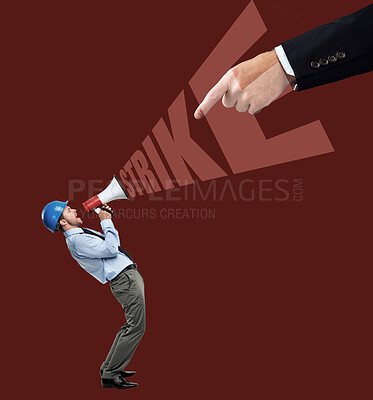 Buy stock photo Megaphone, studio and business man for strike, protest and justice for equality on red background. Overlay, mockup space and worker with speaker, shout and text for equal pay, rights and freedom