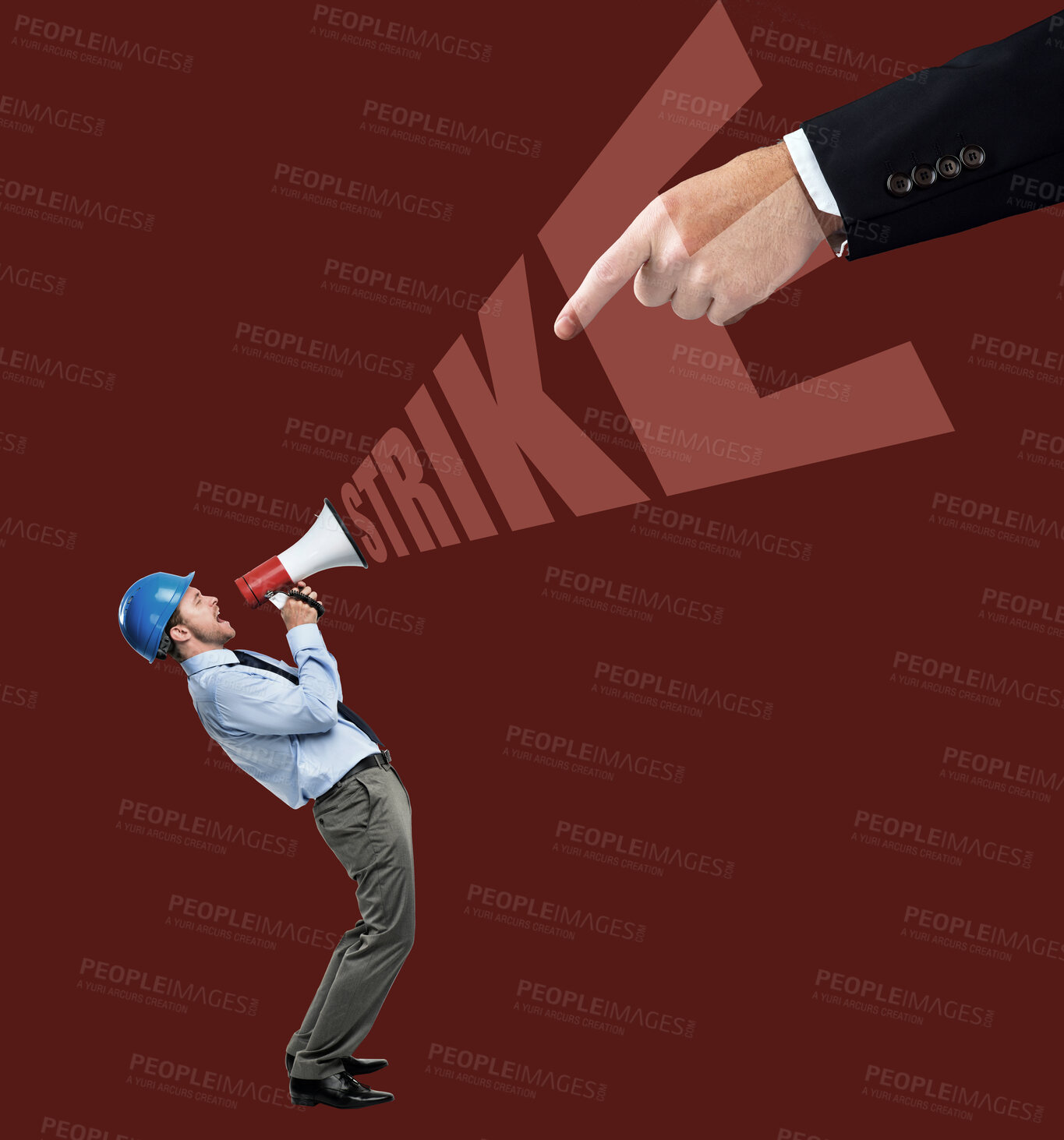 Buy stock photo Megaphone, studio and business man for strike, protest and justice for equality on red background. Overlay, mockup space and worker with speaker, shout and text for equal pay, rights and freedom