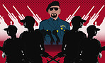 Army and soldiers, illustration and guns to fight on red background, war and weapons for oppression. General, violence and destruction or military, soldiers and combat in battle, mission and attack