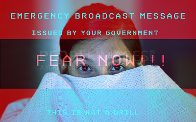 Buy stock photo Woman, portrait and face with emergency warning watching TV at night with broadcast in fear at home. Female person hiding with blanket on overlay in global message, government or scary content