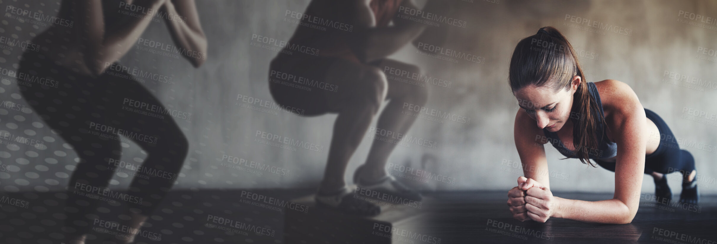 Buy stock photo Fitness, planking and mockup and woman in gym for workout, commitment and body training on banner. Info space, exercise club and girl on floor for power challenge, motivation and double exposure.