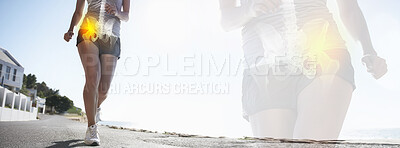 Buy stock photo Runner legs, hip injury and x ray on banner outdoor, fitness and exercise anatomy for body health on road. Pain, arthritis and woman with bone, fibromyalgia glow and osteoporosis double exposure