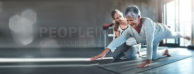 Buy stock photo Exercise, mockup and mature woman in gym with personal trainer workout, help and stretching on banner. Info space, fitness and senior person with physio floor challenge, coaching motivation and bokeh