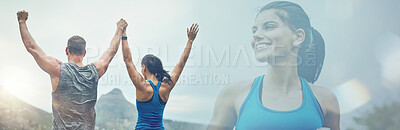 Buy stock photo Couple, fitness and winning for hiking, achievement or winning on banner for workout, motivation or outdoor exercise. Rear view of man and woman in celebration for healthy wellness or goals on mockup