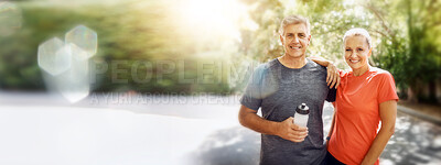 Buy stock photo Mature, couple, portrait and fitness with mockup space and bokeh with smile from sport on road. Exercise, training and workout of a happy athlete on a street for health and wellness together outdoor