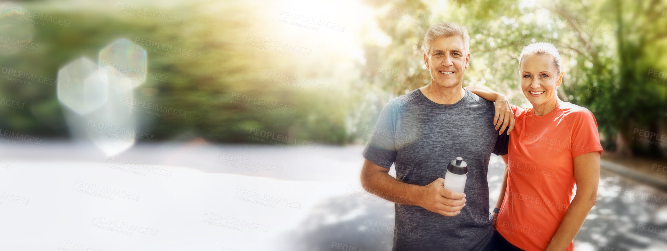 Buy stock photo Mature, couple, portrait and fitness with mockup space and bokeh with smile from sport on road. Exercise, training and workout of a happy athlete on a street for health and wellness together outdoor