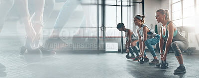 Buy stock photo Fitness, banner and squat, women in gym together for workout commitment and weight lifting on mockup. Overlay, exercise club and woman in class with kettlebell challenge, power and double exposure