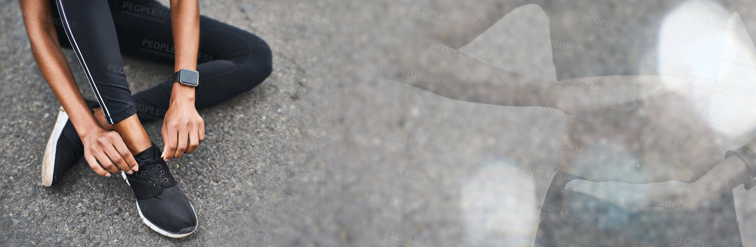 Buy stock photo Woman, fitness and tie shoes on banner for running, workout or outdoor exercise on asphalt. Closeup of female person tying shoe for training, sports motivation or getting ready for run on mockup