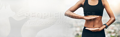 Buy stock photo Woman, fitness and hands on stomach banner for health, workout or exercise for healthy body or mockup. Closeup of female person or athlete showing abdomen for reiki, gut wellness or training