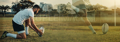 Buy stock photo Person, rugby or ball with kick on field for training on banner, overlay or mockup for sports. Man, player or practice for match, tournament or competition for dedication, energy or health in fitness