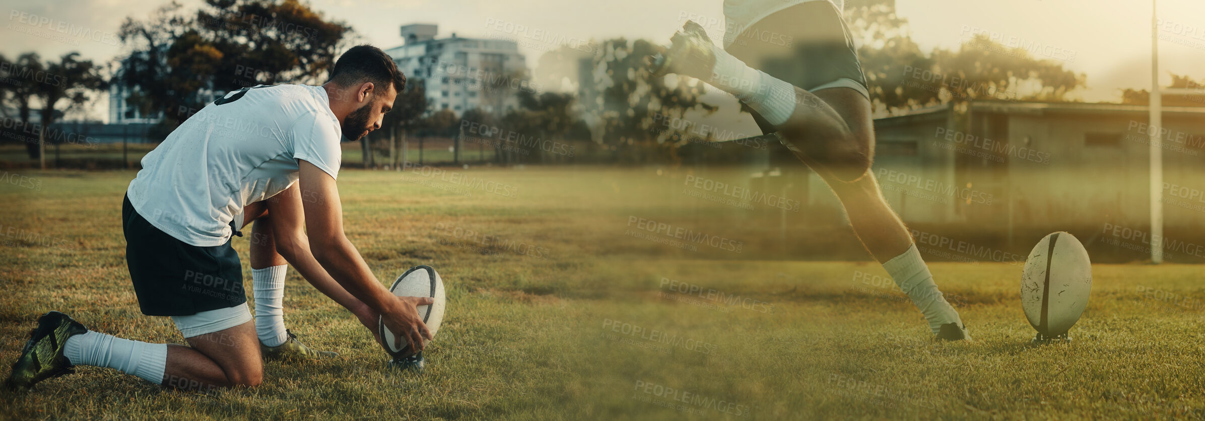 Buy stock photo Person, rugby or ball with kick on field for training on banner, overlay or mockup for sports. Man, player or practice for match, tournament or competition for dedication, energy or health in fitness