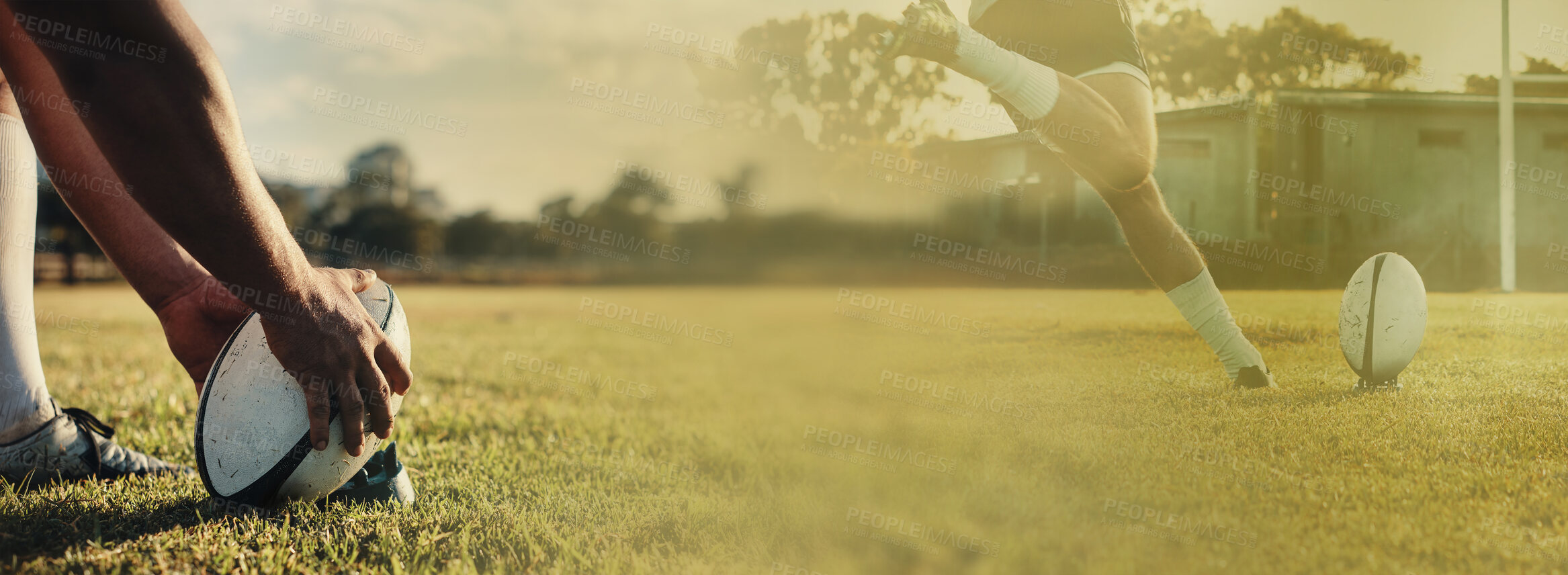 Buy stock photo Banner, rugby kick or ball in stadium for training on double exposure, grass or mockup for sports. Person, fitness space or hands of player in practice exercise for match, tournament or competition