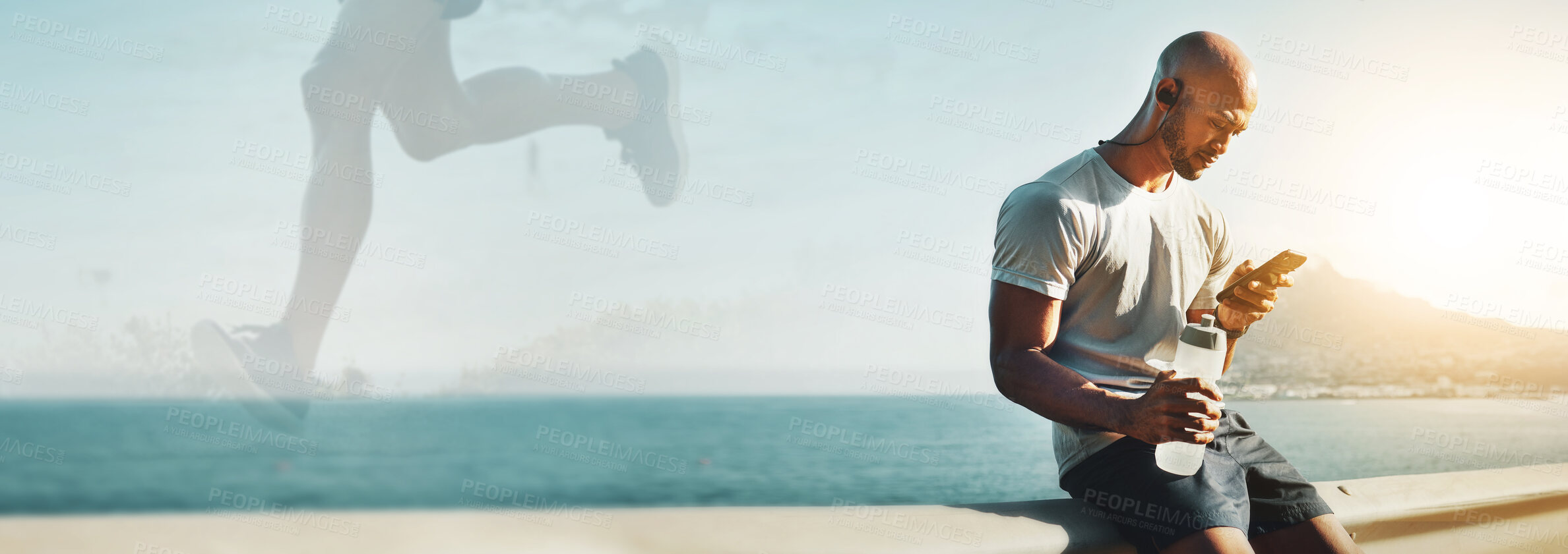 Buy stock photo Break, fitness and banner of a man with a phone for communication, running app or exercise at the beach. Contact, water and a male runner or athlete reading training progress on a mobile with mockup