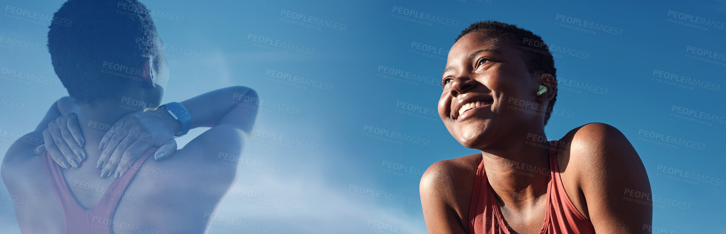 Buy stock photo Fitness, banner and black woman outdoor for training, running or morning cardio on blue sky background. Sports, workout and lady runner smile for progress or wellness with mockup and double exposure