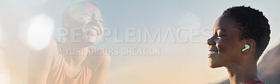 Buy stock photo Headphones, fitness banner or happy black woman in nature for peace, calm or zen breathing. Relax, mockup space or healthy African sports athlete with smile streaming radio music, song or podcast