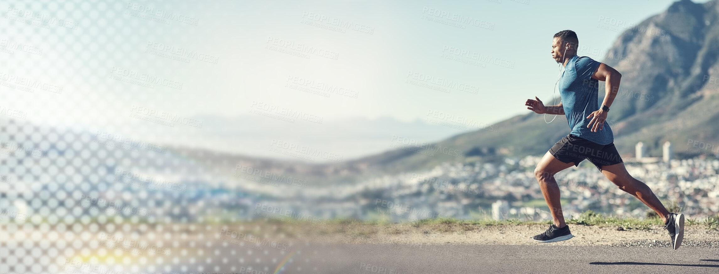 Buy stock photo Man, fitness and running on banner for space, workout or outdoor exercise and training on mockup. Active male person, athlete or runner in sports, hiking or cardio health and wellness on mountain