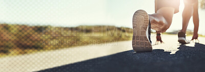 Buy stock photo Man, shoes and banner on road for running, start or fitness in workout, training or outdoor exercise. Closeup of male person legs getting ready for run on asphalt or street in nature or marathon