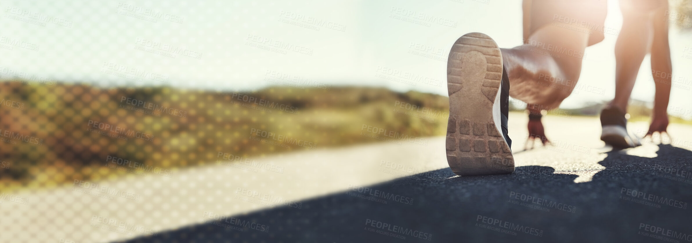 Buy stock photo Man, shoes and banner on road for running, start or fitness in workout, training or outdoor exercise. Closeup of male person legs getting ready for run on asphalt or street in nature or marathon