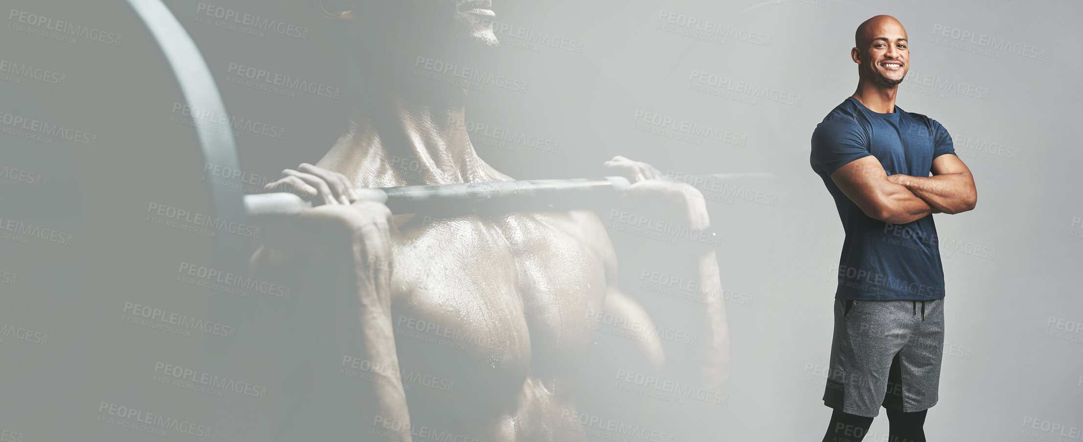 Buy stock photo Portrait, fitness and a man arms crossed on a double exposure banner for motivation as a personal trainer. Exercise, smile and a happy young coach on mockup space for sports marketing or advertising