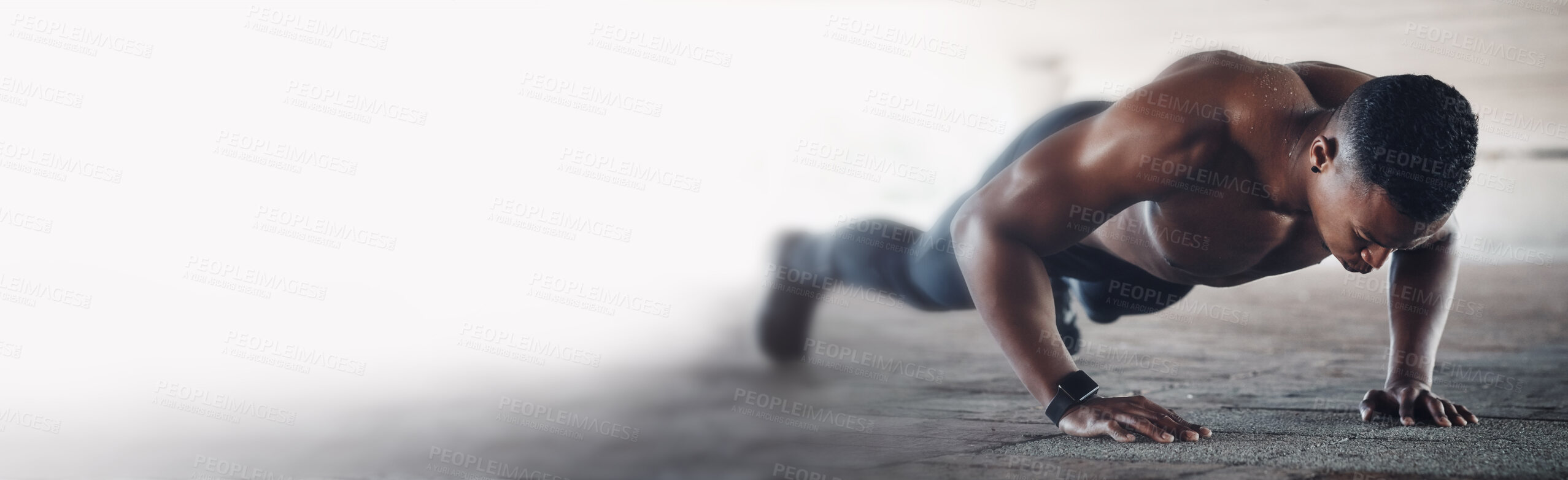 Buy stock photo Fitness, pushup and banner of man in city for training, cardio or ground workout on mockup. Body, lifting and African male athlete on a floor for muscle development, wellness or bodybuilding exercise