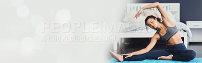 Buy stock photo Banner, yoga and fitness, woman in bedroom and stretching workout with mockup, health and wellness in home. Pilates, exercise and girl training on floor in apartment with space, bokeh and commitment.