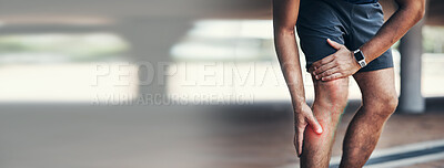 Buy stock photo Fitness, knee pain and hands of man in a city for training with arthritis, muscle or problem. Sports, injury and legs of guy runner outdoor with joint massage for fibromyalgia, osteoporosis or crisis