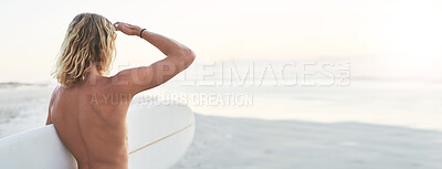 Buy stock photo Water, sports and back of man surfer at the beach for fitness, training or adventure, freedom or ocean challenge. Exercise, surfboard and rear view of male surfer at sea in Miami for morning workout