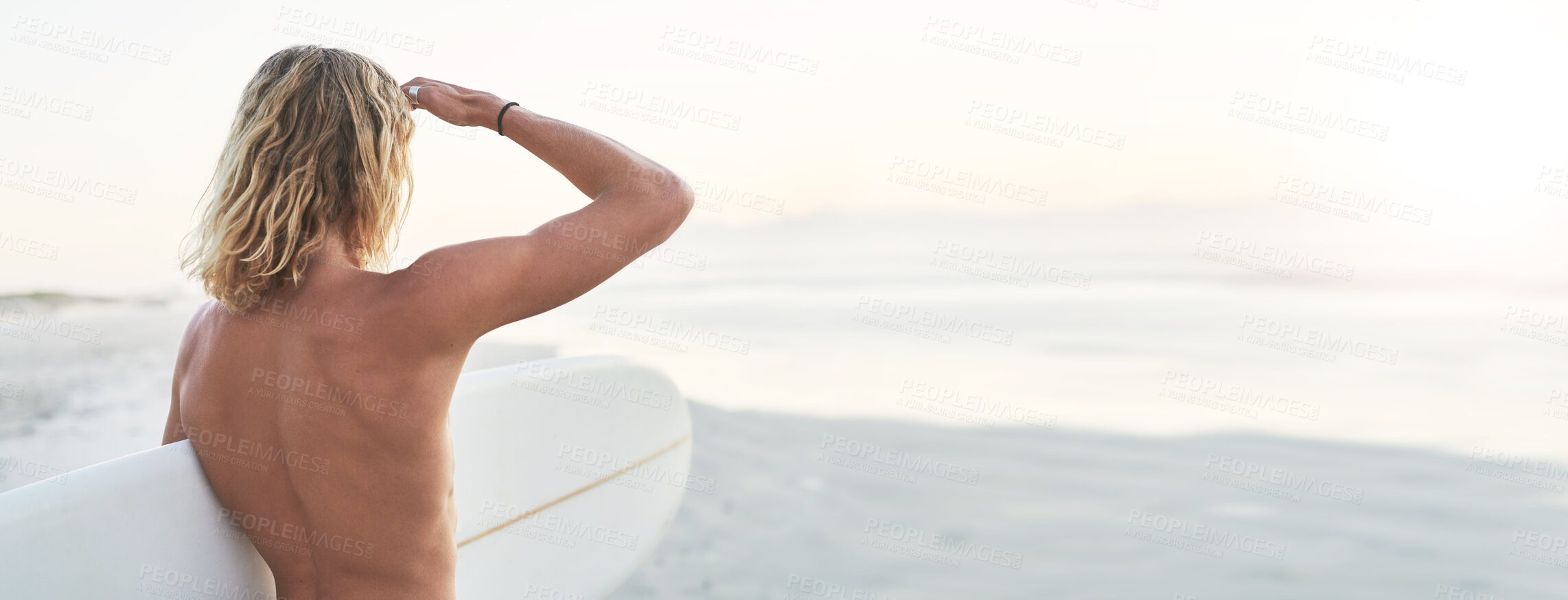 Buy stock photo Water, sports and back of man surfer at the beach for fitness, training or adventure, freedom or ocean challenge. Exercise, surfboard and rear view of male surfer at sea in Miami for morning workout