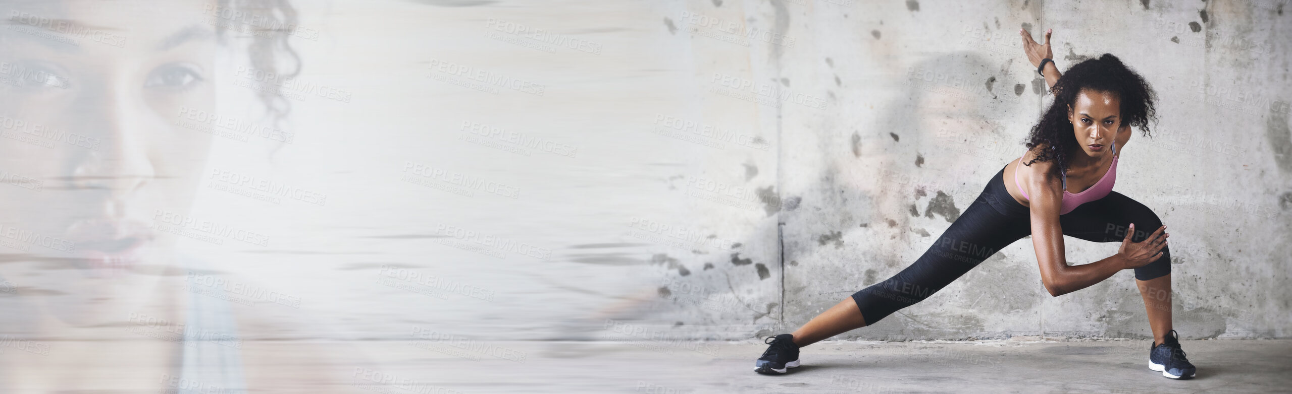 Buy stock photo Training, banner and woman with fitness doing exercise or workout for wellness and health by a wall. Athlete, double exposure and strong person prepare for stretching leg muscle for body balance