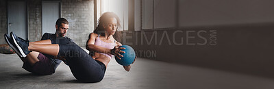 Buy stock photo Gym, banner and couple exercise with ball, weight or training cardio fitness together. Mockup, space and people workout body with weightlifting, sit up or lifting legs for wellness, goals or pilates