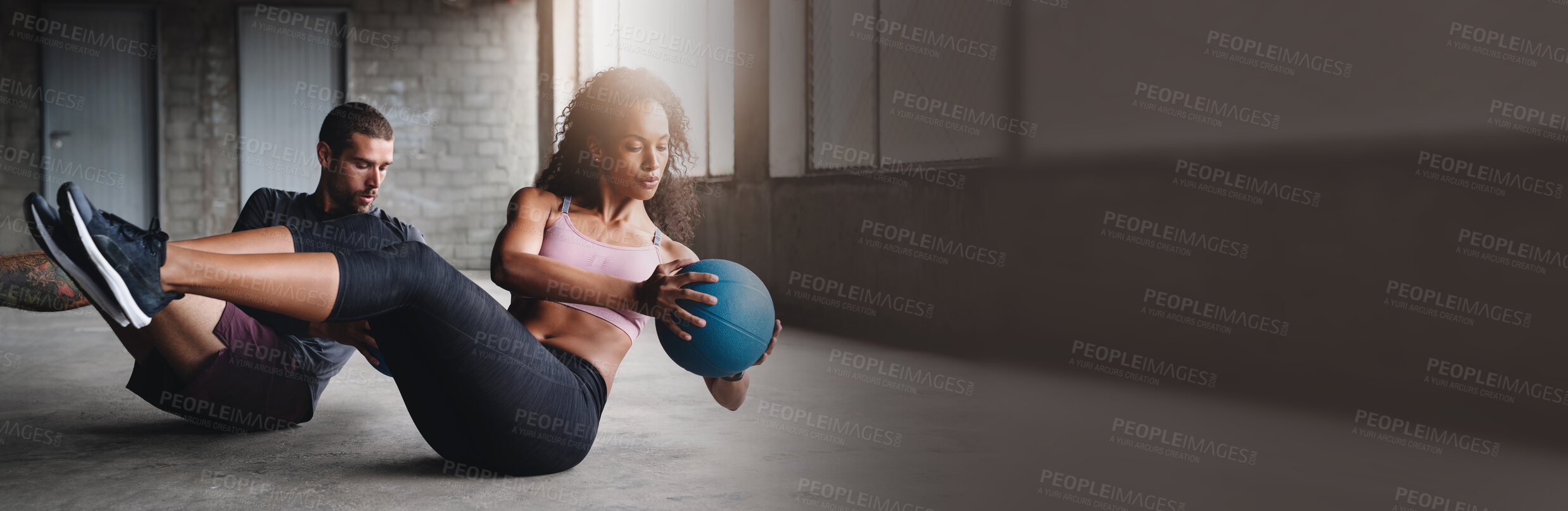 Buy stock photo Gym, banner and couple exercise with ball, weight or training cardio fitness together. Mockup, space and people workout body with weightlifting, sit up or lifting legs for wellness, goals or pilates