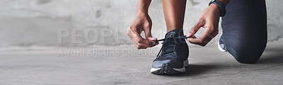 Buy stock photo Fitness, person and tie shoes on banner for athletic, sport or cardio outdoor for workout or exercise. Training, athlete and getting ready for wellness, healthy body or lifestyle on mockup space