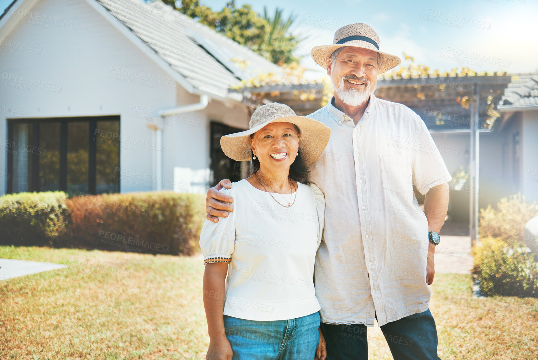 Buy stock photo Senior couple, hug and portrait in garden with smile, summer sunshine and bonding in retirement. Happy elderly man, old woman and outdoor with embrace, love and care in backyard to relax in Jakarta