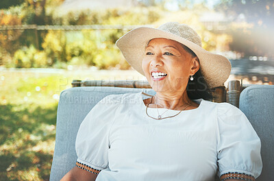 Buy stock photo Senior woman, outdoor and alone to relax, leisure and patio to enjoy retirement, morning sunrise or fresh air. Happiness, elderly and retired with smile, face and freedom for free time, calm or joy 