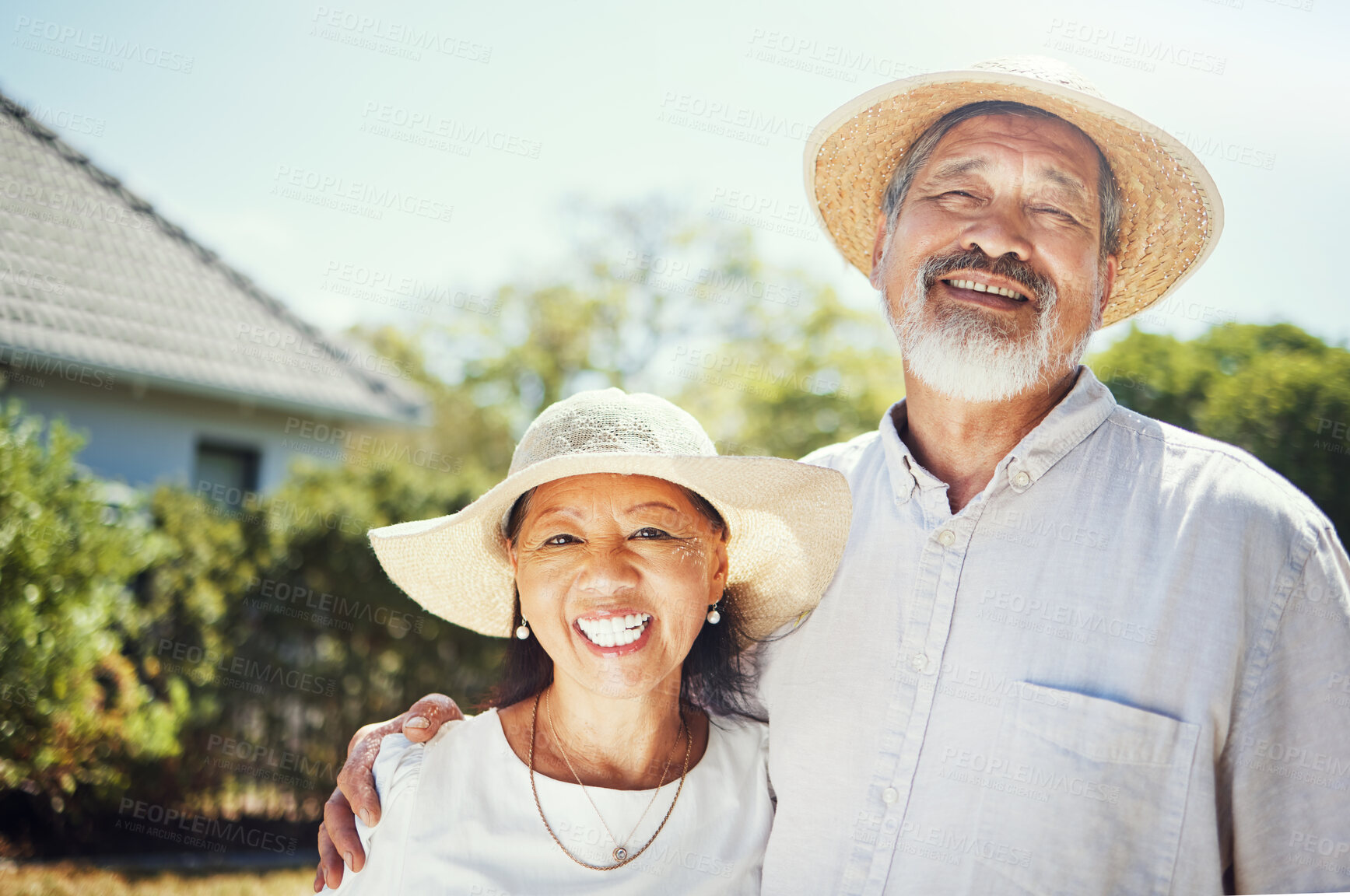 Buy stock photo Happy, senior couple and portrait on farm, outdoor and home in countryside with happiness in countryside. Old people, farming and hug with smile for retirement, nature or freedom in environment