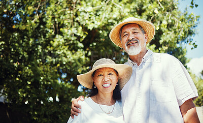 Buy stock photo Happy, senior couple and portrait on farm, outdoor and home in countryside with happiness in countryside. Old people, farming and hug with smile for retirement, nature or freedom in environment