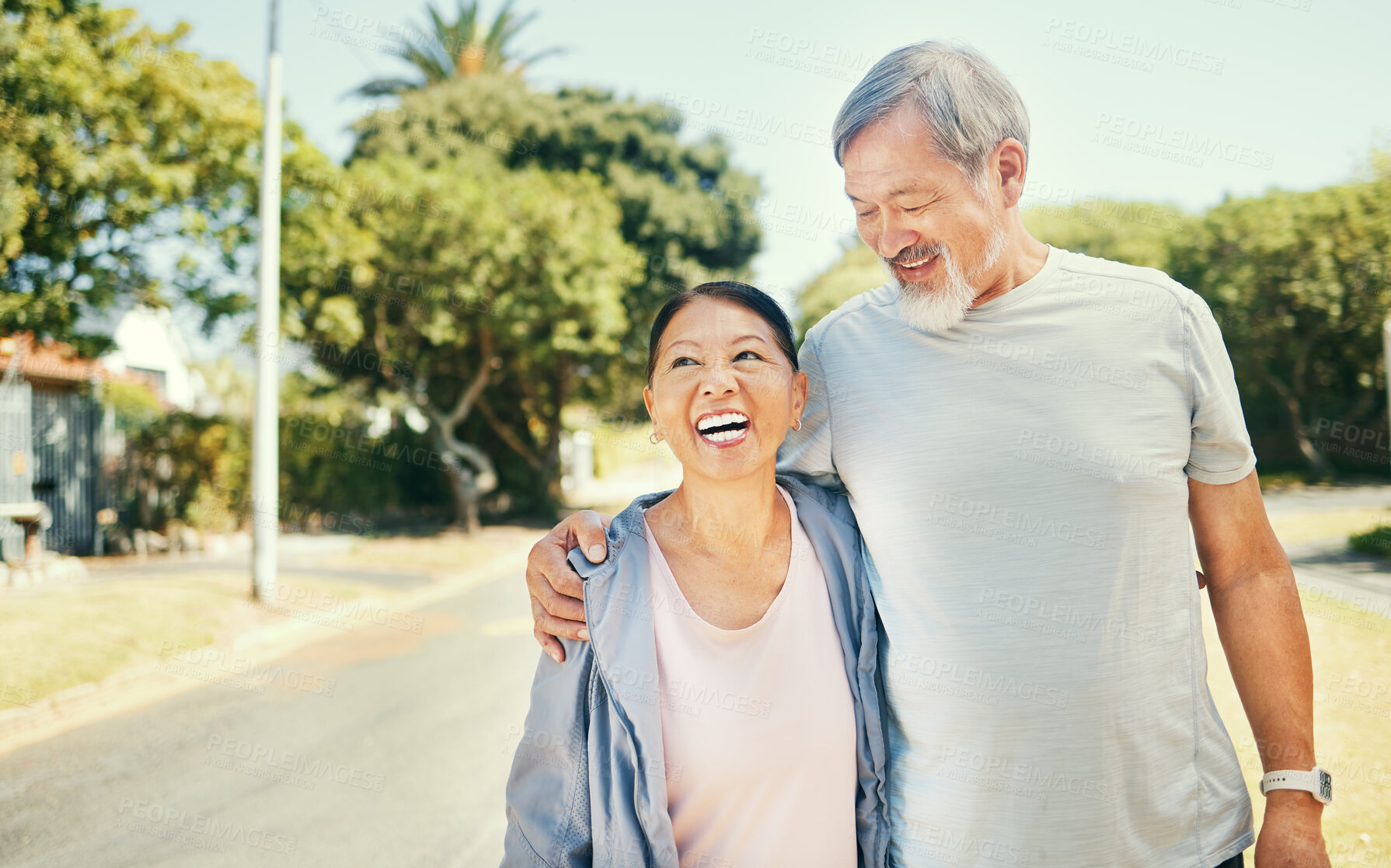 Buy stock photo Hug, outdoor and senior couple with fitness, funny and wellness with workout, retirement and love. Park, happy elderly man or old woman embrace, exercise or training with summer, health or retirement