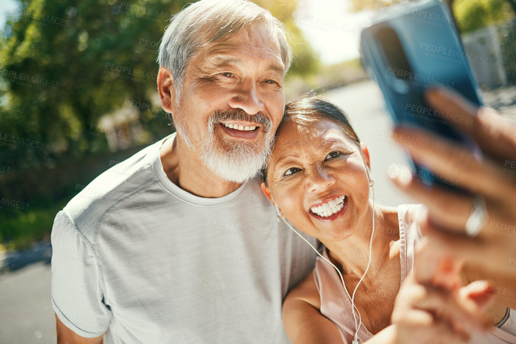 Buy stock photo Selfie, fitness and senior couple in road after a running exercise for race or marathon training. Happy, sports and elderly man and woman taking a picture after a cardio workout in outdoor street.