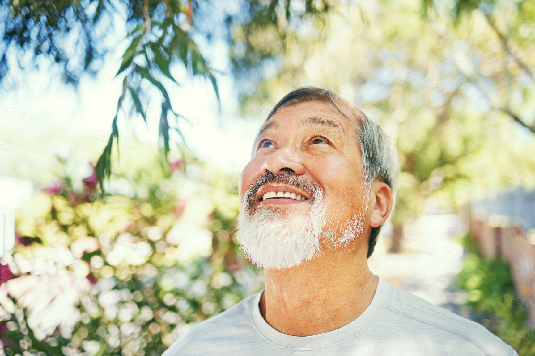 Buy stock photo Smile, calm and senior man in nature breathing for fresh air, peaceful or mindful attitude in a garden. Happy, wellness and elderly Asian male person standing in an outdoor park or field in summer.