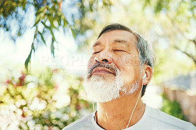 Buy stock photo Breathe, fitness and senior man in nature on a break after a running exercise for race training. Health, sports and elderly male athlete runner after a cardio workout in outdoor park or garden.