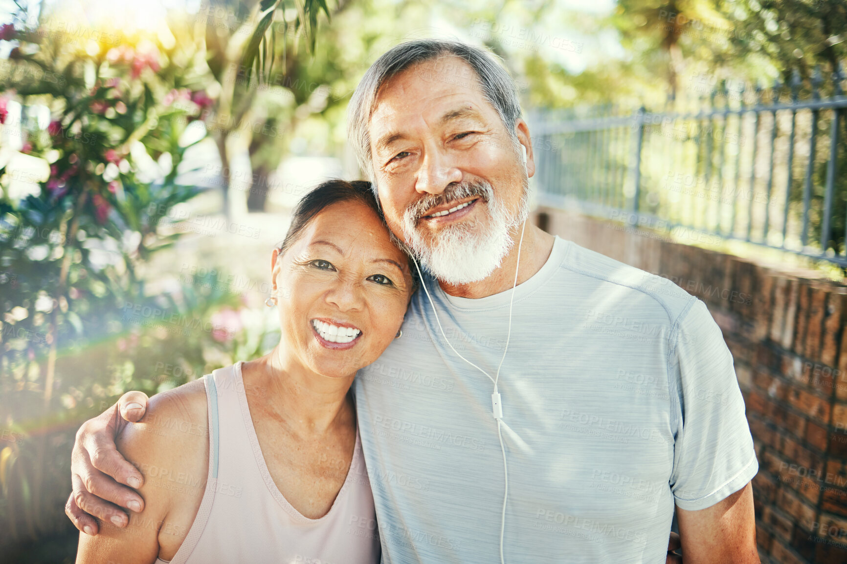 Buy stock photo Hug, outdoor and senior couple with exercise, portrait and retirement with workout, smile and love. Park, elderly man and happy old woman embrace, face and fitness with summer, wellness and health