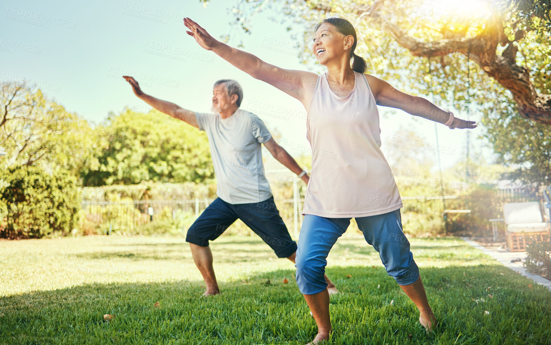 Buy stock photo Senior couple, outdoor and stretching for health, exercise or wellness in grass, healthy or happy. Retired, elderly and enjoying retirement with workout, fitness and backyard for body, man or woman